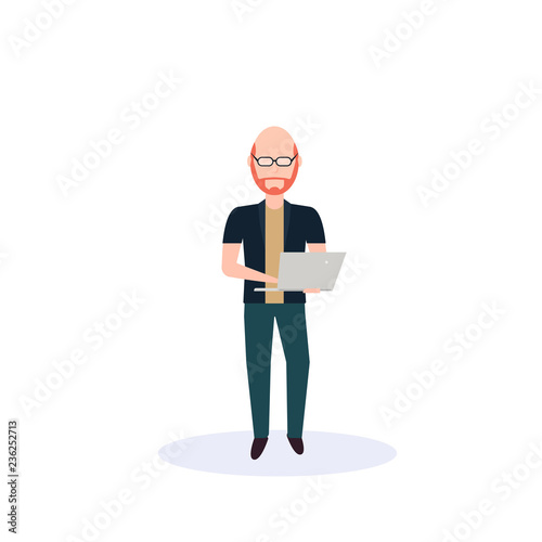 redhead man using laptop standing pose isolated bald head faceless silhouette male cartoon character full length flat vector illustration
