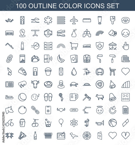 color icons. Set of 100 outline color icons included broken heart, heart, love card, lemon, dinosaur, pen tool on tablet on white background. Editable color icons for web, mobile and infographics.