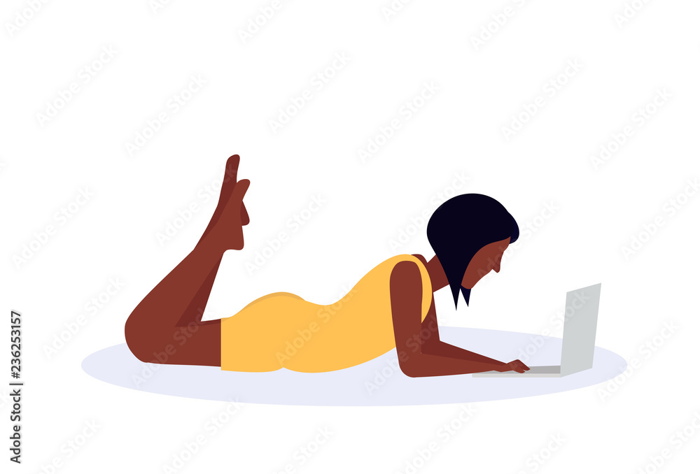 Obraz premium african american woman using laptop lying pose isolated faceless profile silhouette female cartoon character full length flat