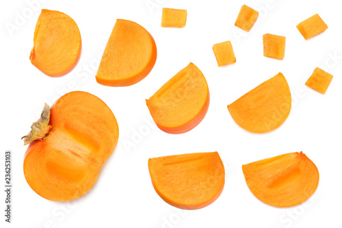 fresh ripe persimmon slices isolated on white background. top view