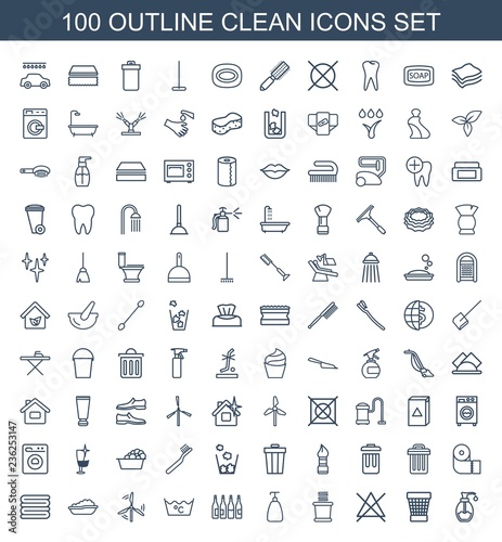clean icons. Set of 100 outline clean icons included soap, trash bin, no bleaching, towels, bottle, laundry on white background. Editable clean icons for web, mobile and infographics.