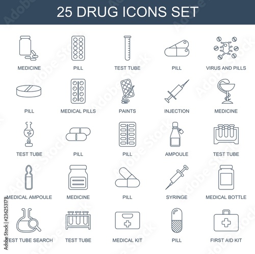 drug icons. Set of 25 line drug icons included medicine, pill, test tube, virus and pills, medical pills, paints on white background. Editable drug icons for web, mobile and infographics.