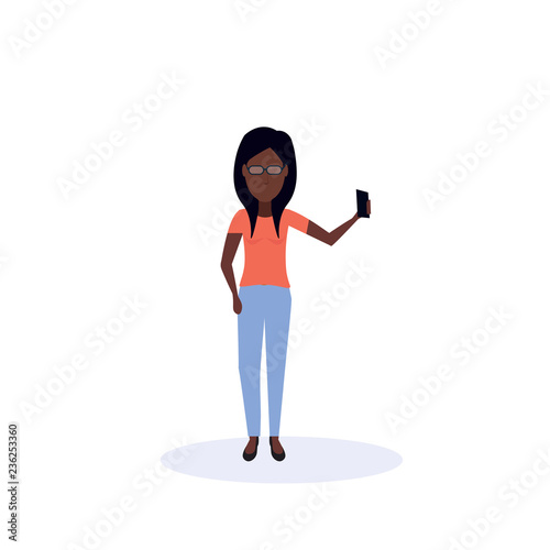 african american woman doing selfie standing pose isolated faceless silhouette female cartoon character full length flat vector illustration