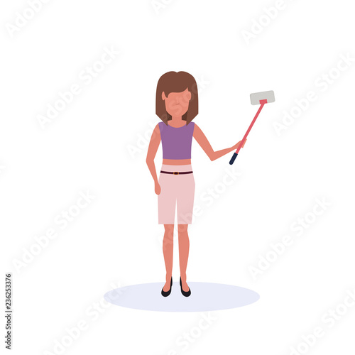 brown hair woman doing selfie self stick standing pose isolated faceless silhouette female cartoon character full length flat
