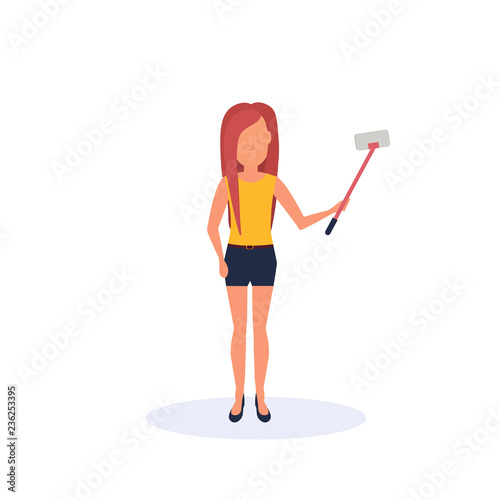redhead woman doing selfie self stick standing pose isolated faceless silhouette female cartoon character full length flat