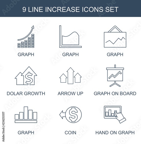 increase icons. Set of 9 line increase icons included graph, dolar growth, arrow up, graph on board, coin on white background. Editable increase icons for web, mobile and infographics.