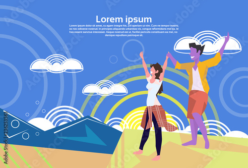 violet couple cartoon character man woman tourists landscape background fabulous personage vacation concept copy space flat