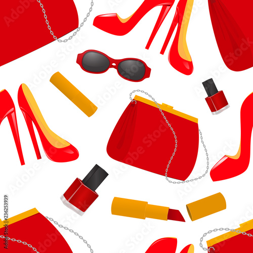 Seamless pattern handbag shoes sunglasses lipstick and nail polish