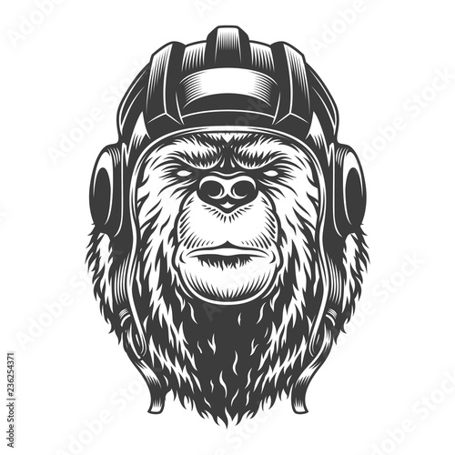 Vintage tankman bear head in helmet