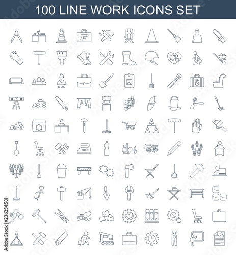 work icons. Set of 100 line work icons included resume, teacher, jumpsuit, clock in gear, case, crane, man with luggage on white background. Editable work icons for web, mobile and infographics.
