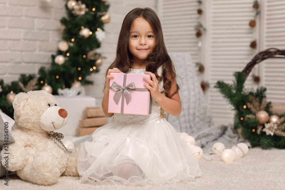 Pretty smiling girl holding Christmas gift in hand Pretty smiling girl holding Christmas gift in hand