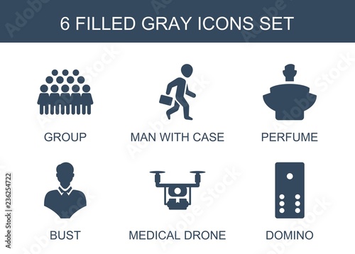 gray icons. Set of 6 filled gray icons included group, man with case, perfume, bust, medical drone, domino on white background. Editable gray icons for web, mobile and infographics.