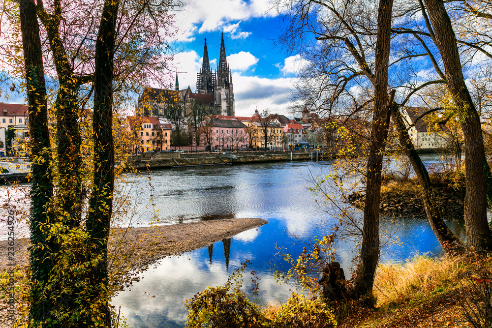 Landmarks of Germany - beautiful Regensburg town over Danube river. Bavaria