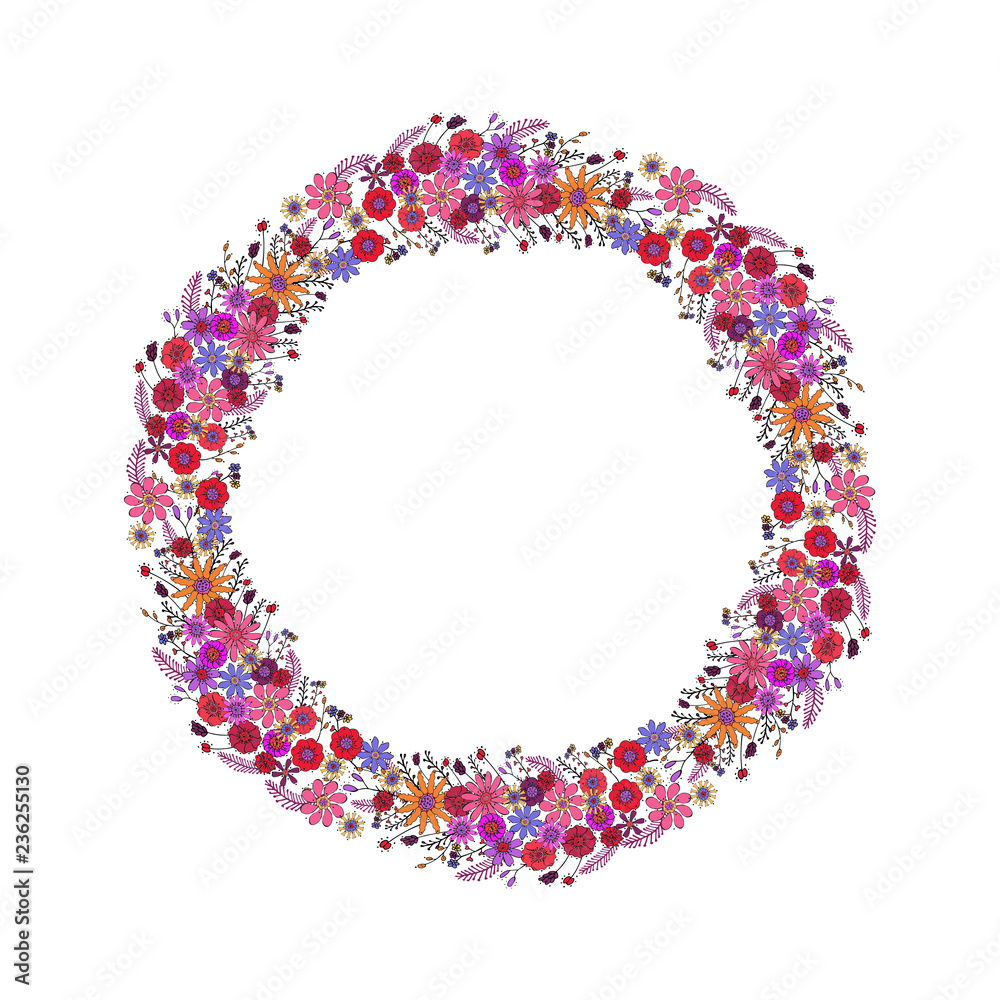 Vector floral round frame with hand-drawn colorful flowers and branches isolated on white background. Bright wreath in warm colors. Pink, red, orange, violet stylized flowers