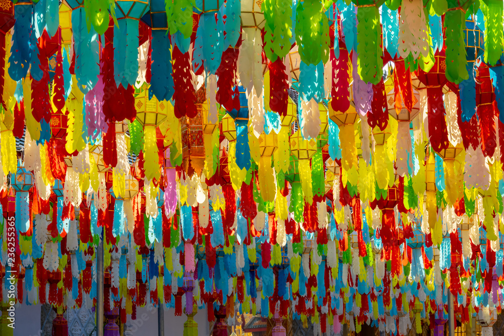 Colorful lanterns decorated at temple in the festival.