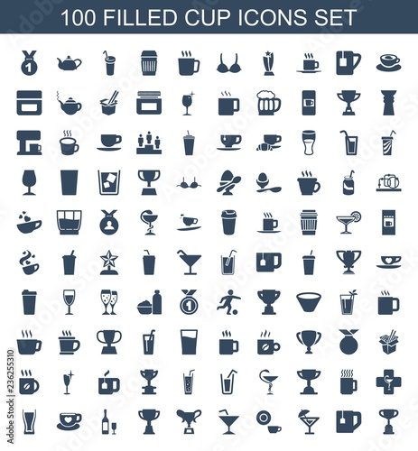 cup icons. Set of 100 filled cup icons included trophy, tea cup, cocktail, dish, Cocktail, wine glass and bottle on white background. Editable cup icons for web, mobile and infographics.