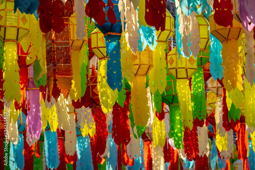 Colorful lanterns decorated at temple in the festival. © Golden House Images