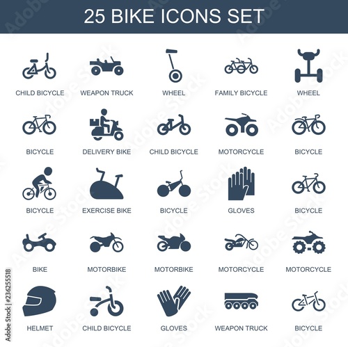 bike icons. Set of 25 filled bike icons included child bicycle, weapon truck, wheel, family bicycle, bicycle on white background. Editable bike icons for web, mobile and infographics.