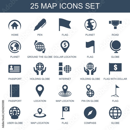 map icons. Set of 25 filled map icons included home, pen, flag, planet, road, qround the globe, dollar location on white background. Editable map icons for web, mobile and infographics. photo