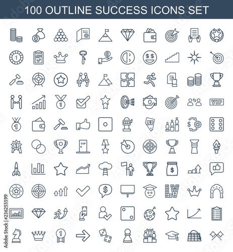 success icons. Set of 100 outline success icons included crossed flags, move on map, graduation cap, ranking on white background. Editable success icons for web, mobile and infographics.