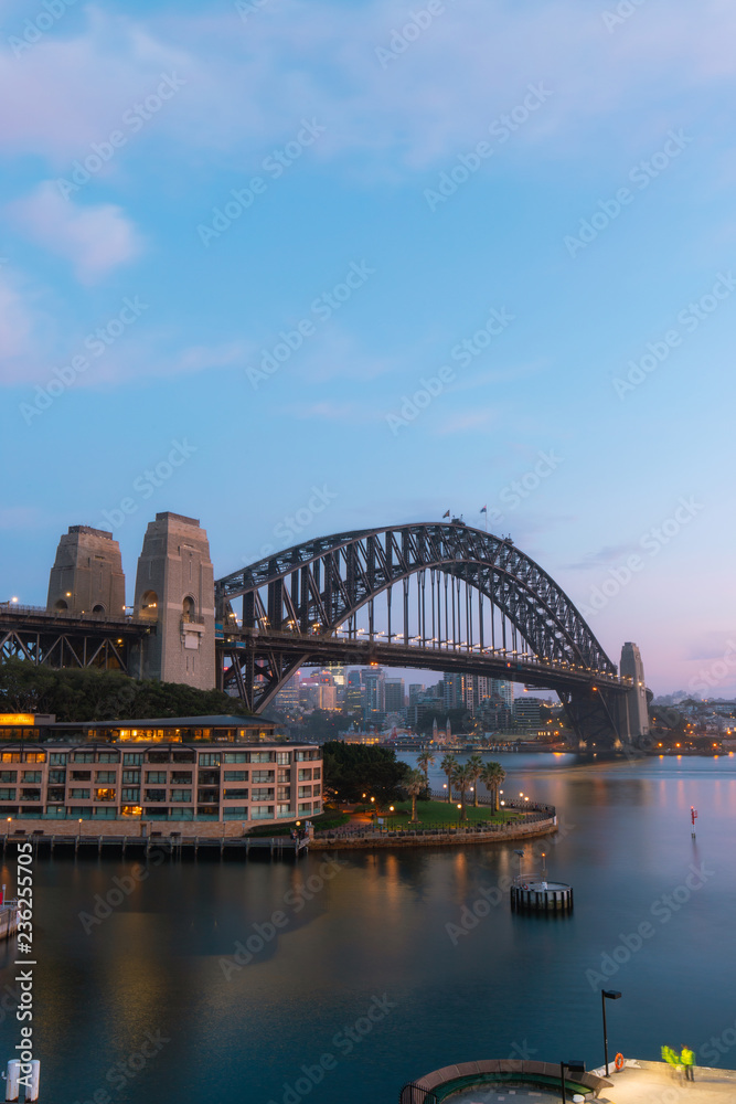 Sydney Harbour Bridge morning view with clear sky.