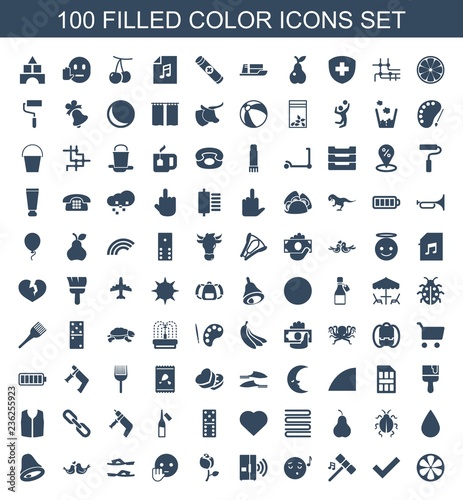 color icons. Set of 100 filled color icons included lemon, tick, hammer, emoji listening music, intercom, rose on white background. Editable color icons for web, mobile and infographics.