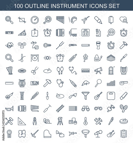 instrument icons. Set of 100 outline instrument icons included blood pressure measure, violin, microphone on white background. Editable instrument icons for web, mobile and infographics.