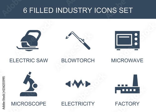 industry icons. Set of 6 filled industry icons included electric saw, blowtorch, microwave, microscope, electricity on white background. Editable industry icons for web, mobile and infographics.
