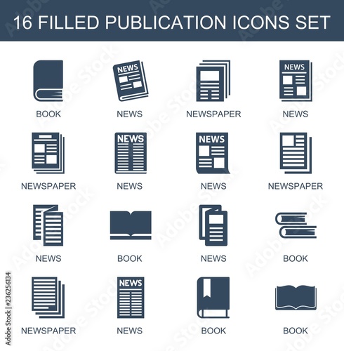publication icons. Set of 16 filled publication icons included book, news, newspaper on white background. Editable publication icons for web, mobile and infographics.