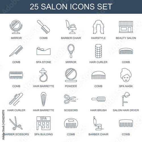 salon icons. Set of 25 line salon icons included mirror, comb, barber chair, hairstyle, beauty salon, spa stone on white background. Editable salon icons for web, mobile and infographics.