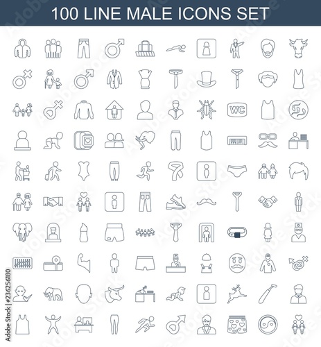 male icons. Set of 100 line male icons included women couple, yin yang, underwear with heart, businessman, running on white background. Editable male icons for web, mobile and infographics.