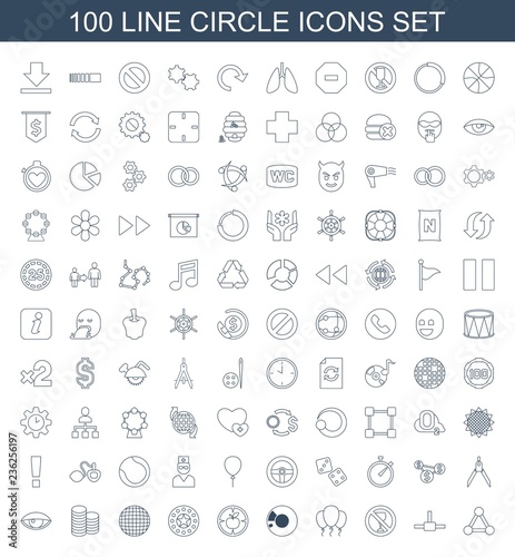 circle icons. Set of 100 line circle icons included network connection, no alcohol, balloon, disc, apple target on white background. Editable circle icons for web, mobile and infographics.