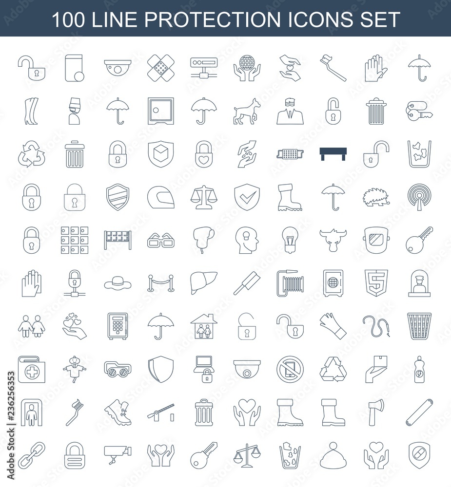 protection icons. Set of 100 line protection icons included health insurance, hand with heart, winter hat on white background. Editable protection icons for web, mobile and infographics. protection icons. Set of 100 line protection icons included health insurance, hand with heart, winter hat on white background. Editable protection icons for web, mobile and infographics.