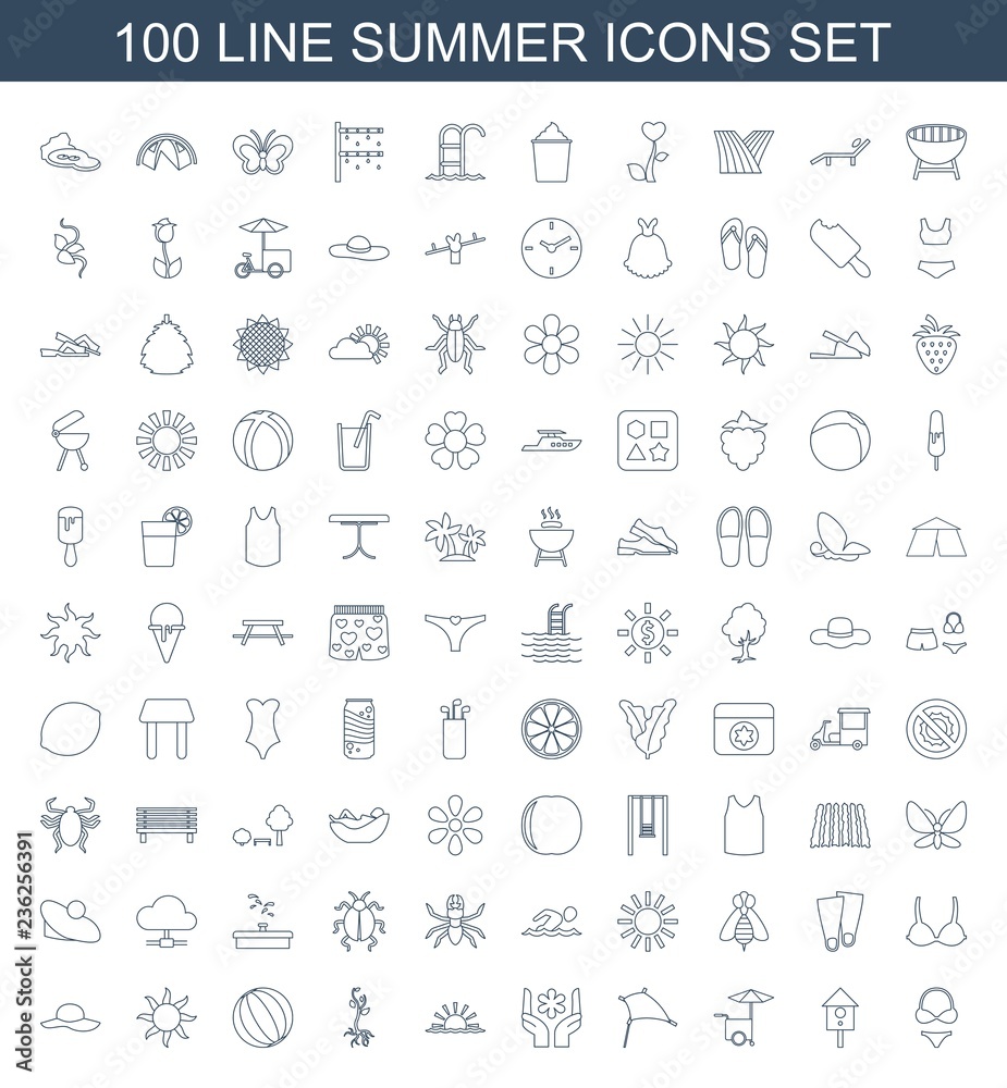 summer icons. Set of 100 line summer icons included bikini, nesting house, fast food cart, kite, flower, sun rise on white background. Editable summer icons for web, mobile and infographics. summer icons. Set of 100 line summer icons included bikini, nesting house, fast food cart, kite, flower, sun rise on white background. Editable summer icons for web, mobile and infographics.