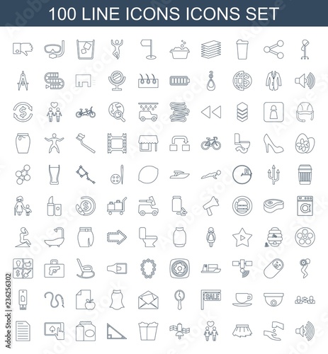 icons icons. Set of 100 line icons icons included volume, hands washing, skirt, couple, satellite, take away food on white background. Editable icons icons for web, mobile and infographics.
