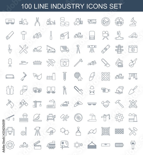 industry icons. Set of 100 line industry icons included wrench, battery, level ruler, cargo on hook, gear on white background. Editable industry icons for web, mobile and infographics.