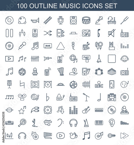 music icons. Set of 100 outline music icons included fast forward, musical instrument, disc and music note on white background. Editable music icons for web, mobile and infographics.
