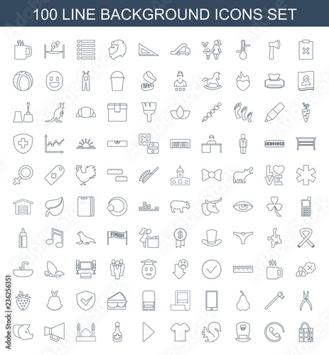 background icons. Set of 100 line background icons included move on map, call, baby bed, squirrel, T shirt on white background. Editable background icons for web, mobile and infographics.