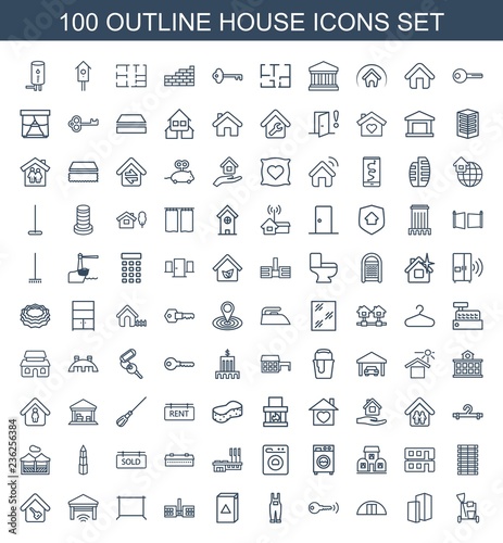 house icons. Set of 100 outline house icons included cleaning tools, building, cargo barn, key, gardener jumpsuit on white background. Editable house icons for web, mobile and infographics.