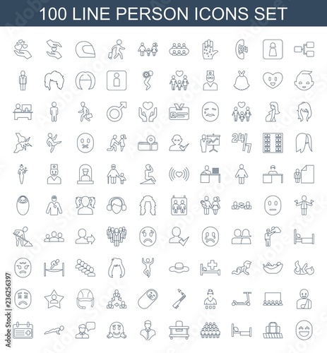 person icons. Set of 100 line person icons included laughing emot, luggage belt, bed, group, baby walker, bust on white background. Editable person icons for web, mobile and infographics.