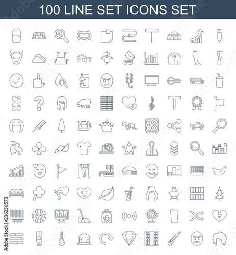 set icons. Set of 100 line set icons included woman hairstyle, angry, cutter, plane seats, gem, reload, cargo barn on white background. Editable set icons for web, mobile and infographics.