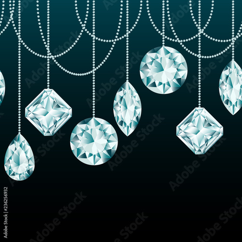 Seamless border made of diamond christmas decorations, ball toy on string