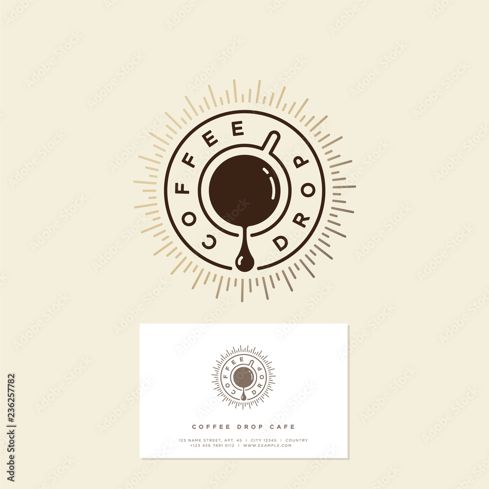 Coffee drop cafe logo. Coffee emblem. Coffee drop and a cup of coffee with gold sunrays. Hipster flat logo. Identity. Business Card.