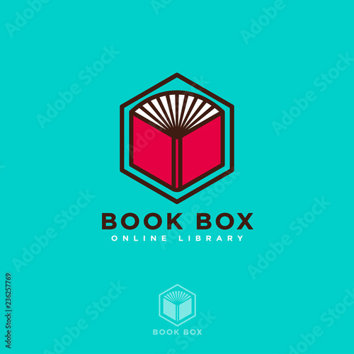 Book Box logo. Online book store. Digital library. Open book on a hexagon isolated, on a azure background.