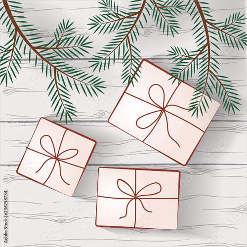 Image of gifts on a background of white wooden boards. EPS10
