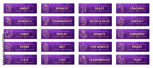 Online gaming panels for cybersport streamers. Live stream banners design. Set of game icons and buttons: wish list, training, web links, donations, chat programs. Eps10 vector