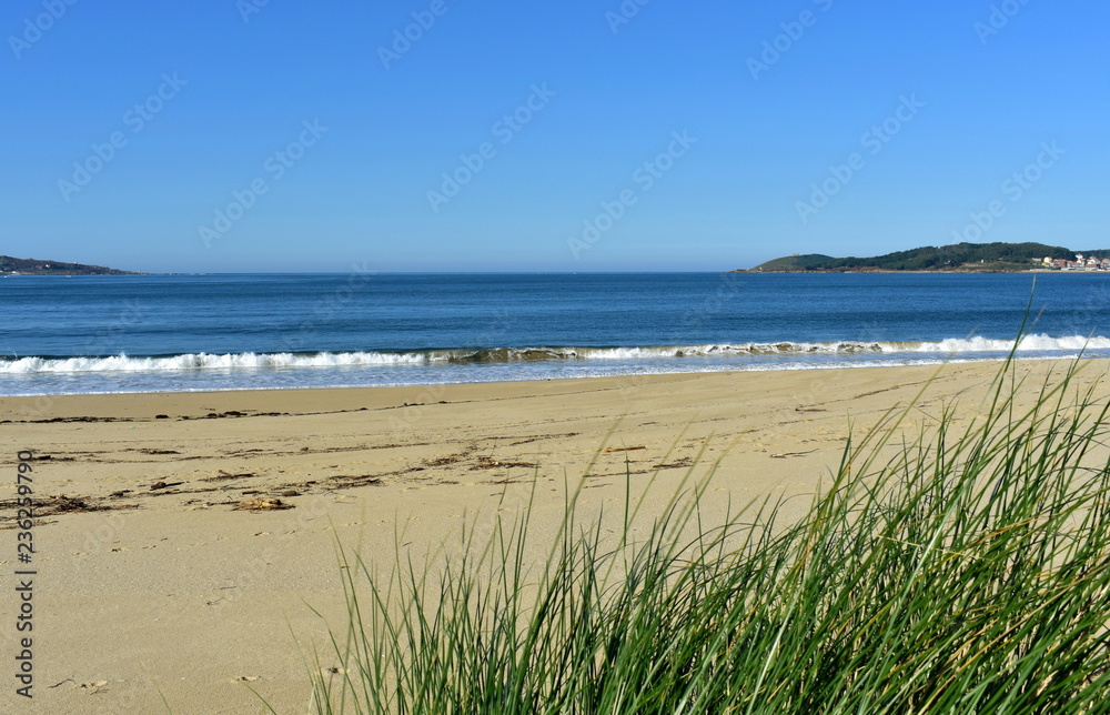 Beach with vegetation in sand dunes and small waves breaking. Blue sea with foam, sunny day. Galicia, Spain. Beach with vegetation in sand dunes and small waves breaking. Blue sea with foam, sunny day. Galicia, Spain.