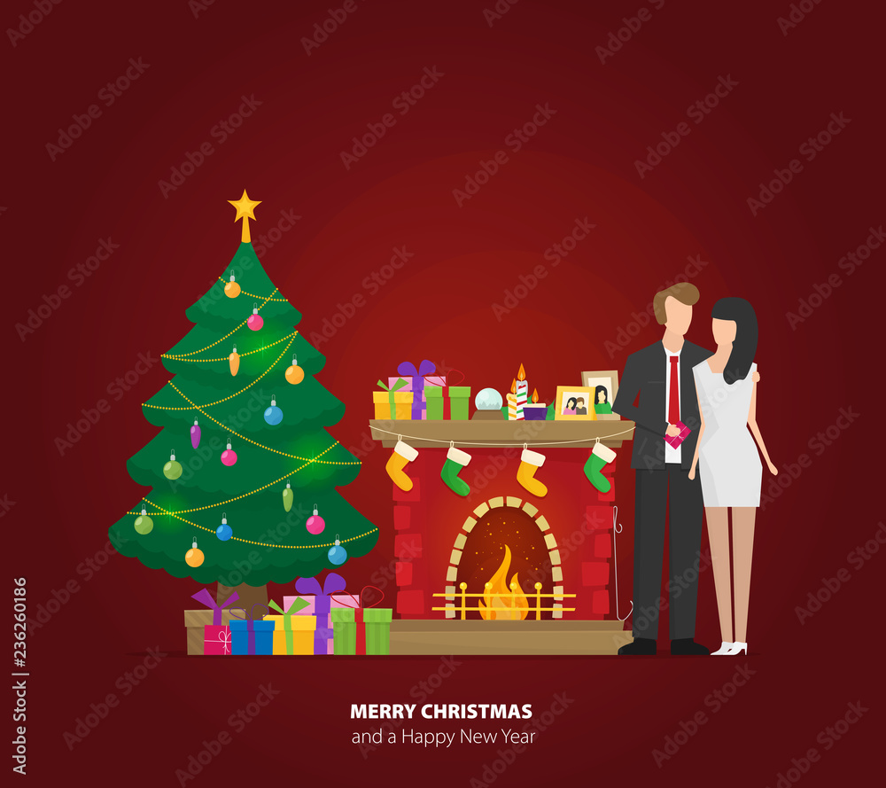 Christmas fireplace with gifts, socks and candles. Man and woman. Flat cartoon style vector illustration.