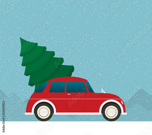 Flat vector car driven by the Christmas tree.