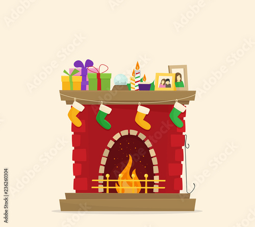 Christmas fireplace with gifts, socks and candles. Flat cartoon style vector illustration.